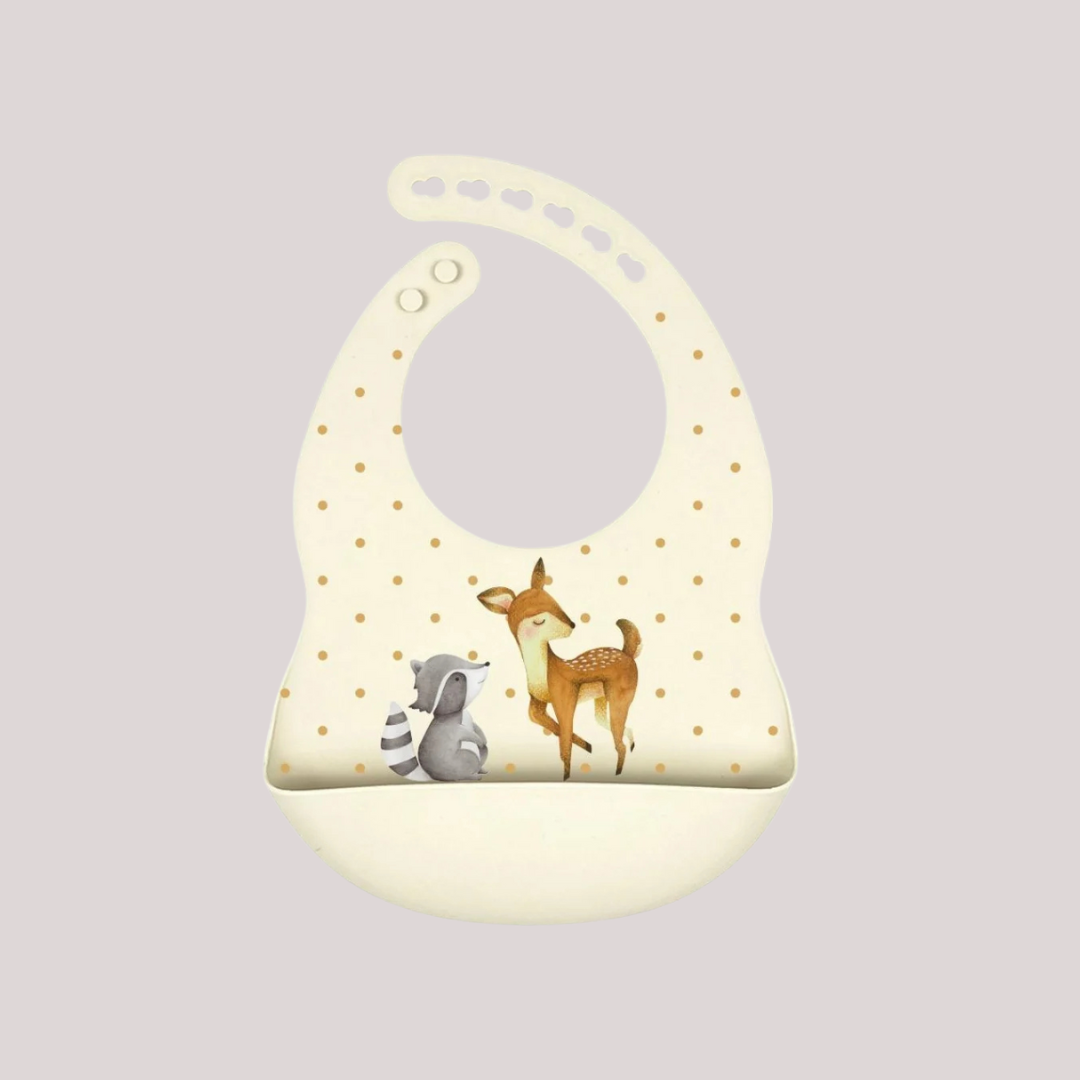Siliconen slabber met opvangbakje Hert en Wasbeer - Beige