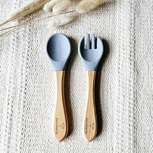 Siliconen Lepel en Vork met Bamboe handvat - blauw